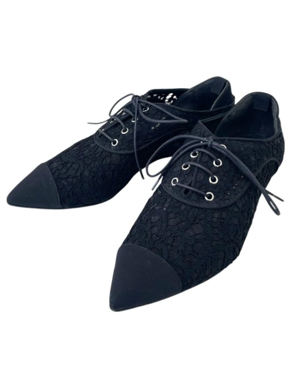 Chanel CC Logo Cap Toe Lace Dress Shoes 36C Black Spring Summer Fall Winter